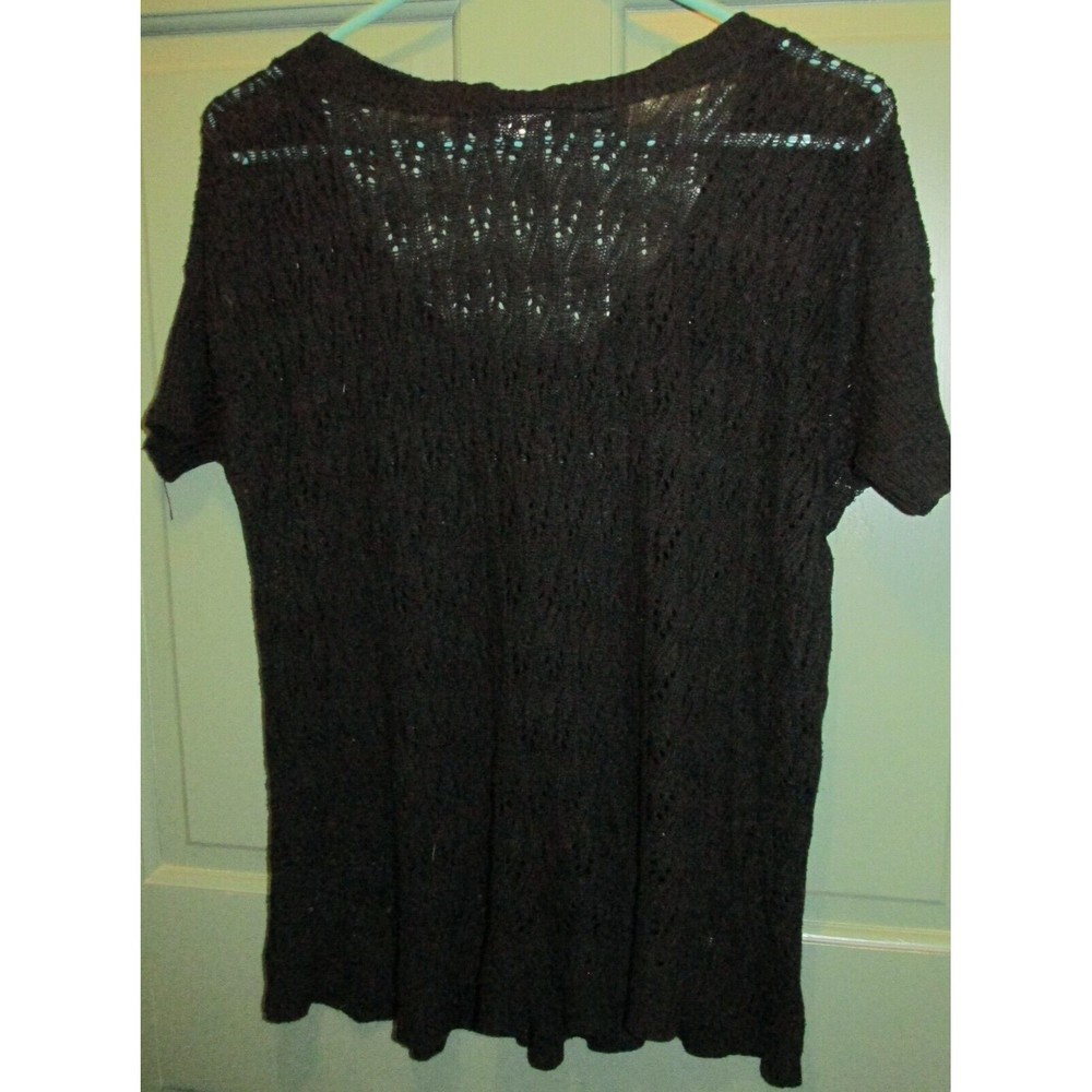 Yom Art Women's Black Open-Knit Scoop Neck Short Sleeve Lightweight Sweater - Picture 6 of 6